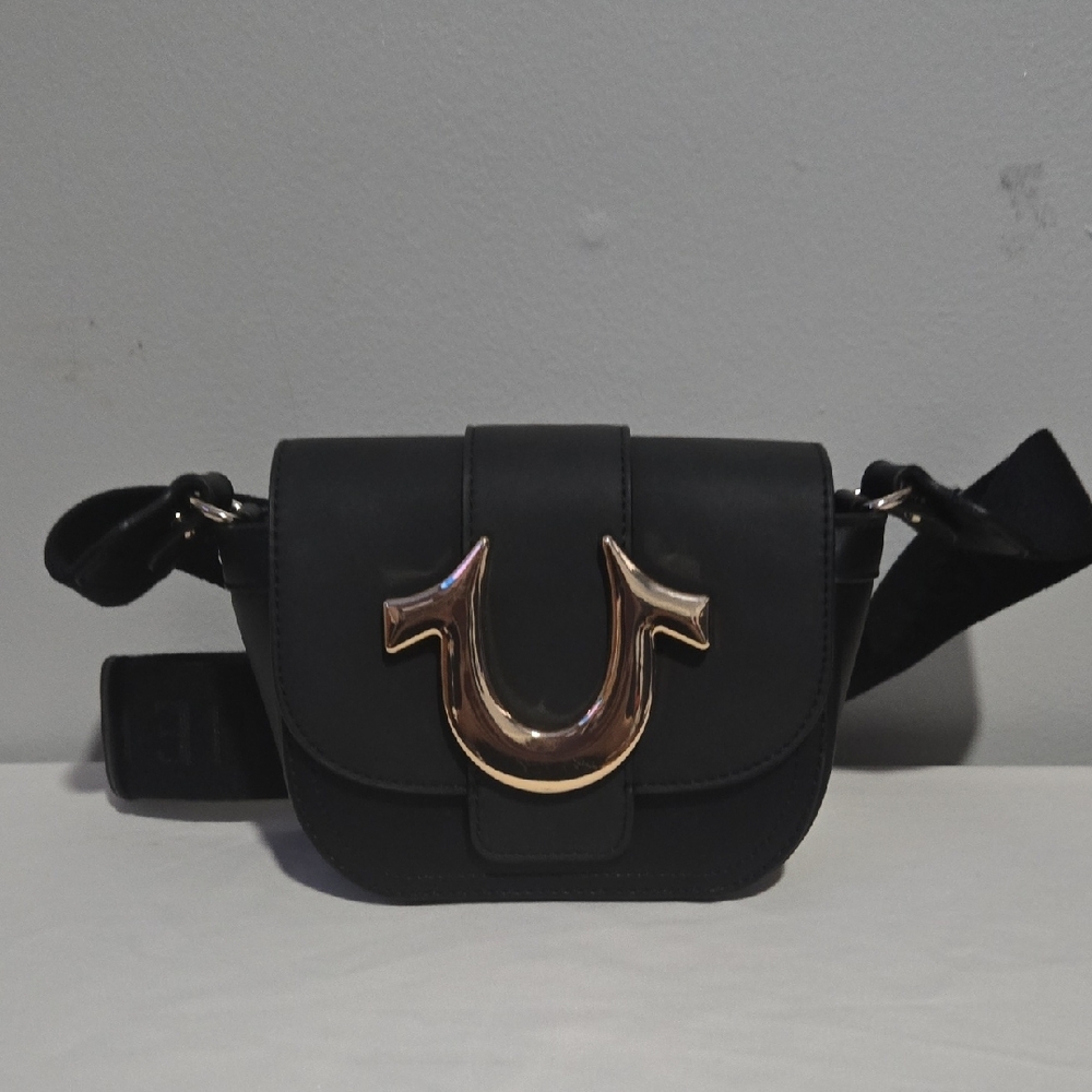 True Religion Black and Gold Crossbody Bag with Horseshoe Accent